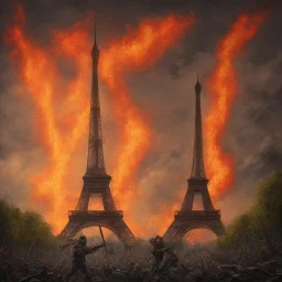 fantassin zombie lance flammes, armée française, bonbonnes napalm dans le dos, yeux rouges, Tour Eiffel en fond. Tour Eiffel endommagée. Fait le v victoire avec la main gauche. Uniforme noir sale et déchiré. deux bras. deux jambes, un torse, un visage. 4k. Rue de la ville de paris. Rue en flammes. Réaliste