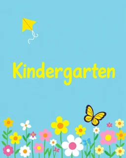 A blue, yellow, and green design with some flowers and butterflies at the bottom of the image and a kite at the top left for a kindergarten.