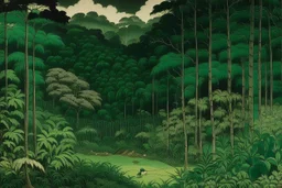 A dark green jungle with a baseball field painted by Utagawa Hiroshige