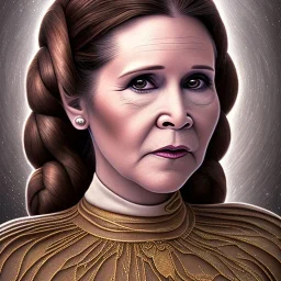 hyperspace background, complete and photo realistic detailed head to waist stunning photo realistic portrait of carrie fisher as Princess Leia in star wars with photo realistic hairstyle by Mandy Jurgens and mucha and Richard Schmid and chuck close and chie yoshii, extraordinary and detailed ceremony dress of star wars,brown eyes