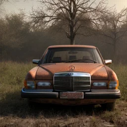 an abandoned 1990 Mercedes rust 2-door overgrown by with dust ,ultra realistic,concept, 4k ,on street,8k resolution, high-quality, fine-detail, parked in crowded city winter