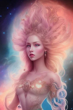 Create an image of a full body cosmic Goddess. The goddess should be depicted as a beautiful and powerful figure, surrounded by cosmic stars. Her hair should be long, blond and flowing, and she should be dressed in a flowing gown blue celestial robe. In the background, include imagery of pink flowers, blue sky,trees. The image should evoke a sense of joy, celebration, and spiritual connection to nature.