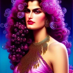 Hyperdetailed oil on canvas, gia carangi, detailed face, long hair, surrounded by luminous colorful sparkles, gypsy, grapes, blueberries, plums, sumac, pink bubbles, purple, by anne stokes, gaspar camps, maxfield parrish, alphonse mucha, cyril rolando, airbrush, depth of field, octane render, volumetric lighting; deep colors, symmetrical, cinematic, high coherence, golden ratio, rule of thirds, perfectly centered; anatomically correct faces, by james r. eads, ilon wikland art, vladyslav yerko