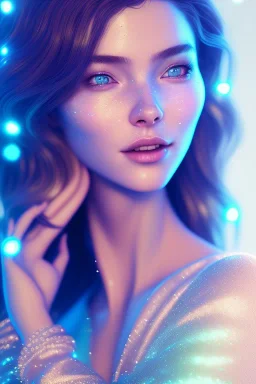 A beautiful portrait of a fairy smiling, facing camera blue color scheme, blue eyes, high key lighting, volumetric light high details with white stripes and lights unreal 5, octane render, cinema4d, dynamic lighting, dramatic lighting, 4k, redshift render, highly detailed, hyper realistic