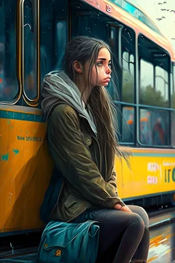 The beautyful girl waiting bus