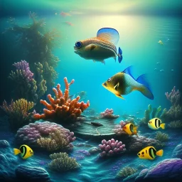 serene underwater scene, fish, rocks,