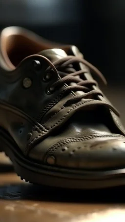 A hyperrealistic shot of An old army leather shoes with a hole in front and small mouse in it intricate details, soft natural light, screen captured from 4K Blu-ray