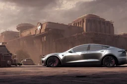 A Tesla 'Model S' is parked, in the 'Cloud City' of Bespin. CINEMATIC. WIDE ANGLE LENS. PHOTO REAL.