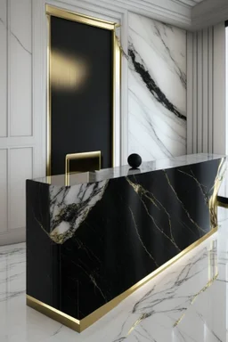 Black marble reception desk with white marble wall veined with gold