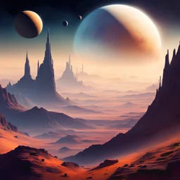 On Other Planets concept series, 'On The Edge of New Terrain' dream-up illustration, art. What would other planets look like? Who or what would live there? How would they orbit? How would they sustain life?