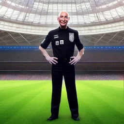 Jeff Bezos in a referee jersey officiating for a soccer match at Wembley Stadium