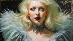 old worn plain canvas, grunge, layered, embossed, double exposure, artistic luminous watercolor, glitter, midground, luminosity, highlights, gold highlights, dark grey green highlights, portrait of victorian gothic platinum blonde woman, red lips, fluffiness, wind, airy fluttering dress, swirls, layered, blending, textured, 3D, 8K, best quality, fine rendering, high detail, hyperrealism, high resolution, high definition, layered, pin sharp, hyperfocus, vignette