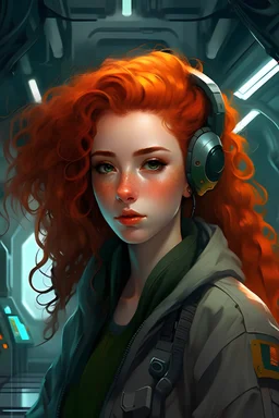 une jeune femme rousse avec les cheveux ondulé visage fin et délicat qui fait de la mécanique su un petit avion monde cyberpunk style futuriste
