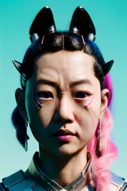 portrait, Asian cyborg woman, samurai warrior :: symmetry photography, cyberpunk style, pink hair, wires conveying, perfect eyes, samurai helmet, tiger mask, black samurai army, katana, japanese traditional ornaments, pink, white, black, glow eyes, cinematic, Ultra realistic, dark scene, soft color, highly detailed, unreal engine 5, RTX, ultra detail, 3d, finely drawn, high definition.