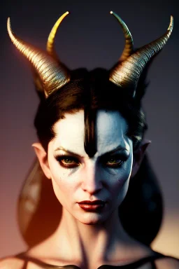 Female Tiefling warrior, demon horns, demon tail, ominous, facepaint, waist up portrait, intricate, oil on canvas, masterpiece, expert, insanely detailed, 4k resolution, retroanime style, cute big circular reflective eyes, cinematic smooth, intricate detail , soft smooth lighting, soft pastel colors, painted Renaissance style