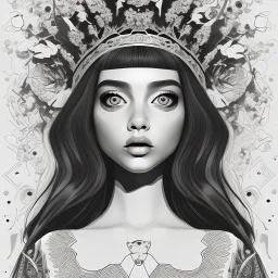 full body portrait of a girl wearing crown of flower ,big eyes,line drawing,mandala,high contrast,vector art,paper cut