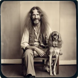 Awkward portrait Photo, 40 years old hippie sitting on chair, weird smiling, long 1970 hippie hair and mustasch, bland polaroid camera, holding a small dog