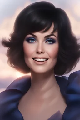 3D Bubbles, Floating hearts with an electrical current, fog, clouds, somber, ghostly mountain peaks, a flowing river of volcanic Lava, fireflies, a close-up, facial portrait of a totally gorgeous Marie Osmond with short, buzz-cut, pixie-cut Black hair tapered on the sides, wide open, cobalt blue eyes, smiling a big bright happy smile, wearing a hoodie over a red bikini, in the art style of Boris Vallejo