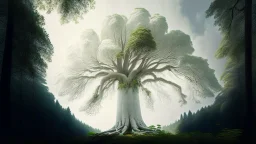 Giant white tree in a small sized forest reaching in to the sky.