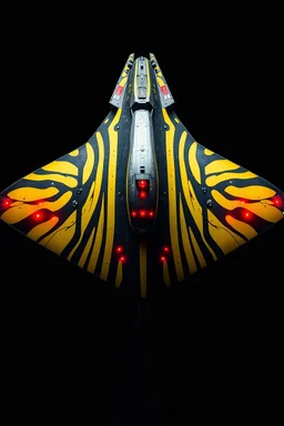 fully lit, top view of a very large organic spaceship that looks like a "Manta Ray" in black void in the style of Chris Foss. With a bright, yellow on black stripes with red highlights in an organic pattern. no background