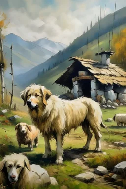 Proud dog, sheeps and shelter in the mountains painted by impressionist