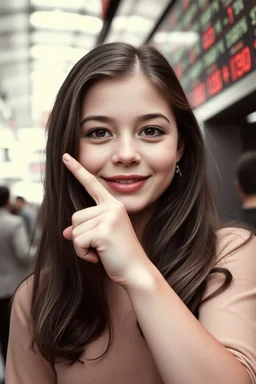 beautiful girl pointin to the stock exchange in the style of warhol