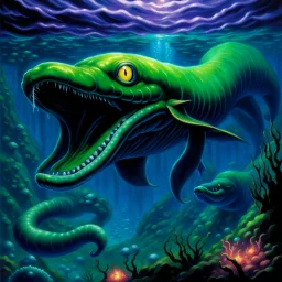 90's tcg fantasy art electric eel glowing eyes and underwater