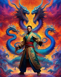 Multiple image fractals psychedelic vibrant colors featuring a kungfu fighter character in traditional attire standing confidently with two majestic dragons flanking them, set against a vibrant and colorful backdrop that suggests an otherworldly realm. The dragons should have intricate scales and piercing eyes, and the atmosphere should be filled with a sense of magic and awe.