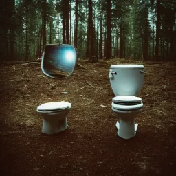 russian astronaut sits on a toilet seat in the middle of the forest. post-apocalyptic, hyperdetailed, lens flare, bokeh, low-key lighting, kodachrome