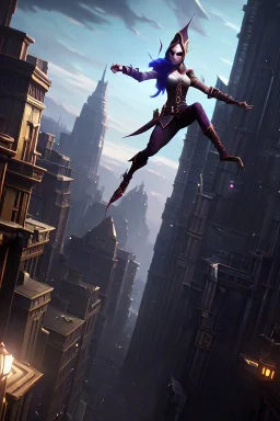 an elf jumping from a building, fantasy art, 4k, ultradetailed body and face