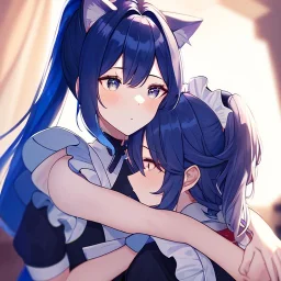 Clear Focus, High resolution, wearing a maid uniform, fluffy hair and a long ponytail, blue hair, cat ears, meowing, hugging another girl with red long fluffy hair also wearing a maid outfit, looking at you