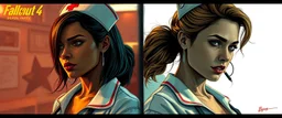 cyberpunk fallout 4, airbrush and pen outline, A cinematic, high-end advertisement image for a fictional service called “Spice Girl Nurse Party™”. Split-screen composition with two contrasting emotional states.