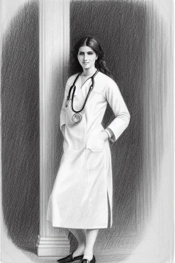 Pencil sketch of Young woman , nurse, wearing a stethoscope around her neck , Arab features,sad, long wavy hair, full body، on lined paper