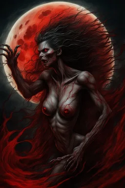 A dramatic digital painting portraying a horror monster under the Red Moon, veins pulsing, claws of temptation visible, soul in turmoil. In the style of Luis Royo and Boris Vallejo, vivid colors, swirling brushstrokes, highly detailed, 8k resolution, surrealistic., juicy emotions, painting, gloomy fantasy, gloomy day, dark world, portrait, oil and graphite, wide strokes, a weaving frame around, by Ryohei Hase, Agnes Cecile, Raymond Swanland, Anne Bachelier