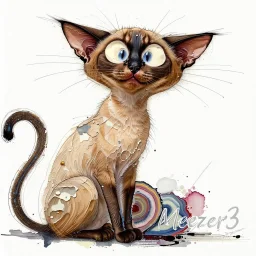 Small cursive signature Meezer3 (transparent white) in the lower right corner, delicate and integrated into the painting. Oriental shorthair Siamese chocolate point cat with vivid blue eyes. art style. Mixture of techniques. Scratched paint, peeling paint, dry brush, watercolor washes, ghost image details, blotted paint areas. Mixed media; gouache, alcohol ink, oil crayon, conté crayon, pastel and collage. Colorful Concentric Rings of a polished Agate Slice. ChatGPT