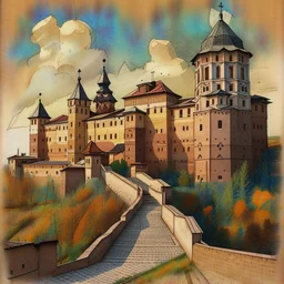 A mixed-media picture of Lutsk XIX-th century, created in the style of Bohdan Pylypiv — combining pyrography with delicate watercolor accents. The main outlines and facial features are rendered with fine woodburned lines, rich in sepia tones and texture, pastel colors