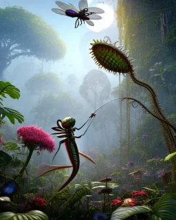 large venus fly trap with teeth eating a dragonfly, flowers, jungle, hyperrealistic, trees in background, digital art, alien like, disgusting, intricate, morbid, rainy, sinister, volumetric lighting, unreal engine, high resolution, 8k, depressing colors, dark colors,