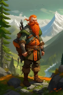 Realistisches Bild von einem DnD Charakters. Männlicher Zwerg mit orangenen Haaren. Er steht im Wald mit Bergen im Hintergrund. Er ist ein Jäger.