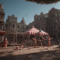 Ultra realistic circus scene. Classic acrobat woman, waist up view, Wes Anderson style, happy, bubbles, highly detailed, concept art, unreal engine 5, god rays, ray tracing, RTX, lumen lighting, ultra detail, volumetric lighting, 3d, finely drawn, high definition, high resolution.