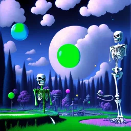 The Grim Reaper and the Skeleton on bubble world, discussing the future of the universe, art by Magritte and Pixar