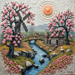 Pedro Friedeberg, Catrin Welz-Stein, Cecilia Frigati, Ton Dubbeldam, Escher and Fibonacci extremely textured abstract acrylic painting with a network of very fine cracks on worn canvas: a watermill in a storybook village in a flowering zentangle spring landscape with a river, with majestic old trees with gnarly blooming branches and birds in iridescent light pink-red colours perched on them, patches of grasses, rocks, under a pink-orange sun. pop surrealism, 3D relief, soft tones, textured brush