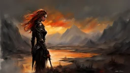 A formidable warrior girl in black armor, on the background Amazing gloomy landscape, flooded with sunset, mountains, trees, fabulous scary hero, , juicy emotions, painting, dark fantasy, gloomy day, dark world, portrait, by Anna Razumovskaya