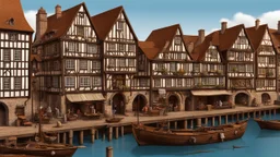 gothic medieval wooden harbour with piers and ships, people, shops, bridges, arches, balconies, taverns, blue sky, photorealistic