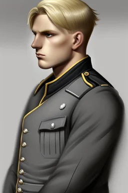 German male soldier, grey uniform, Blond hair, portrait