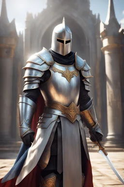 photorealistic holy knight paladin wearing a cape wielding a greatsword temple in the background face ravealed