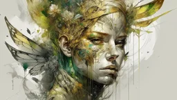 white background, golden Angel, tattoo, feathers, steampunk, fantasy, old canvas, torn cracks, flowers, cyberpunk, gold, silver, green lilac color, mystical, glow, golden makeup, fine drawing, high detail, high resolution, 8K, 3D, Daniel Castan Carne Griffiths Andreas Lee Russ Mills