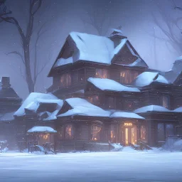 snowstorm with one illumianted house