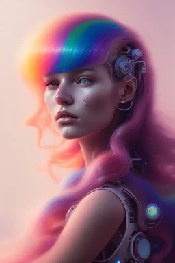 girl, cute, beautiful, long curly hair, rainbow hair, rainbow dress,robotic, close up portrait by Greg Rutkowski