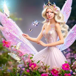 fantasy fairy with transparent wings, smiling, make up, long platinum blond hair with crown and flowers, pink dress