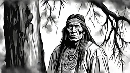 a comic drawing in black and white of a native american behind a tree in the 19th century, portrait shot, frontal view, telephoto lens, the drawing is in the style of Akira Kurosawa movies, high contrast, high density, with different tones of black, white and grey, rainy day, it is raining a lot, the native american is behind a tree, the native american has half face behind a tree, the native american is hidding behind a tree, spying